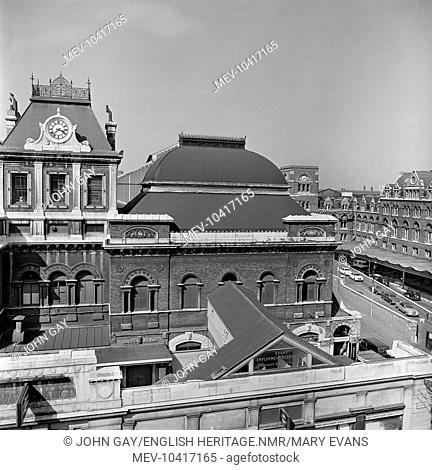 Exterior view of Broad Street Station's Free Italianate-style front facade, photographed from the roof of the opposite building