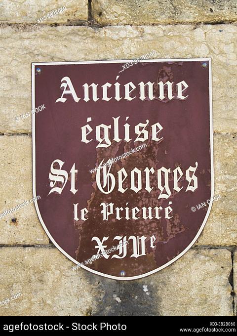 sign on Saint Georges le Prrieure church, Montignac Lascaux, Dordogne Department, Nouvelle Aquitaine, France