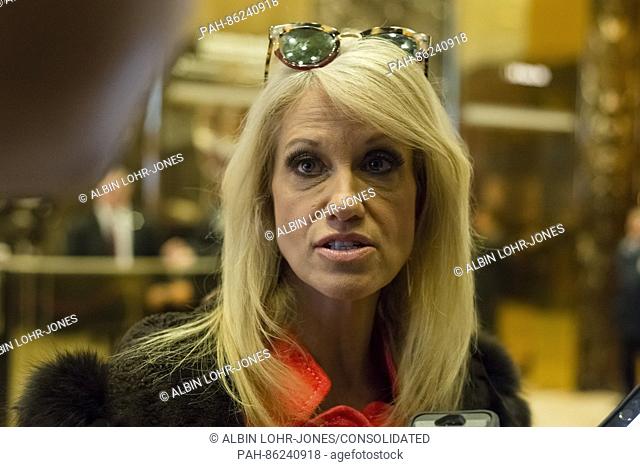 Trump campaign manager Kellyanne Conway speaks with member of the press in the lobby of Trump Tower in New York, USA, 3 December 2016