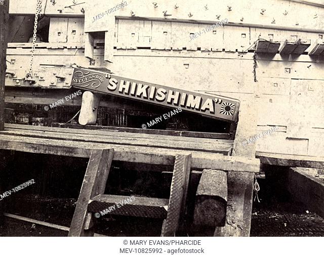 Platform and cradle for the launch of the Japanese battleship Shikishima from the Thames Iron Works, Blackwall, SE London