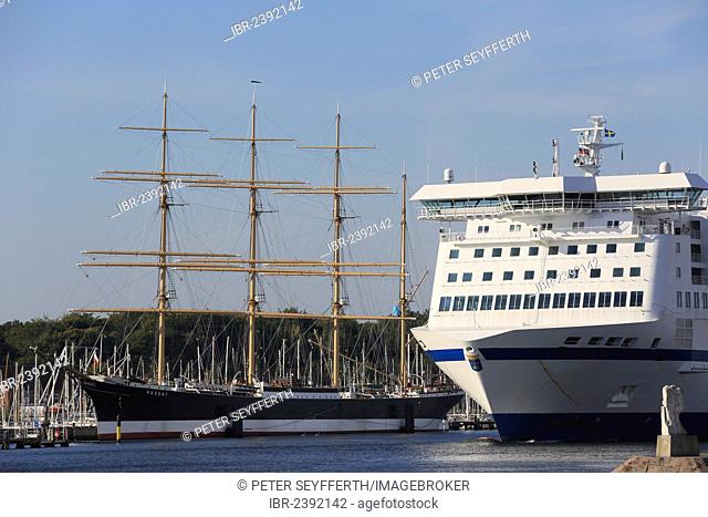 Peter Pan Ferry, TT-Line, and the Pamir, a four-masted sailing ship, Travemuende, Schleswig-Holstein, Germany, Europe