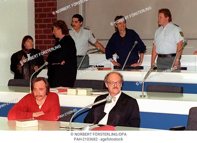 The two former members of the terrorist group Red Army Faction (RAF) Christian Klar (back, m) and Peter-Jürgen Book (l, front) are sentenced to lifetime prison...