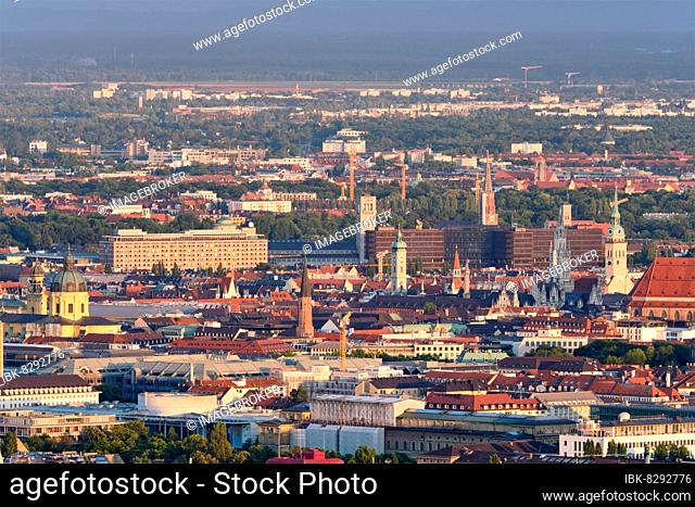 Aerial view of Munich center from Olympiaturm (Olympic Tower) on sunset. Munich, Bavaria, Germany, Europe
