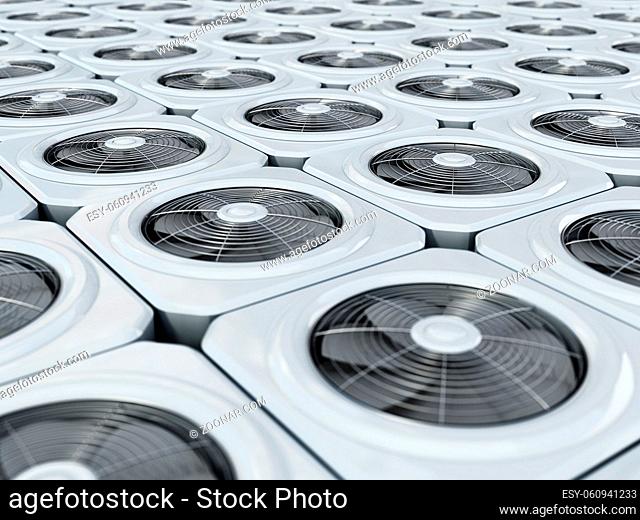 Generic air conditioner units in a row. 3D illustration
