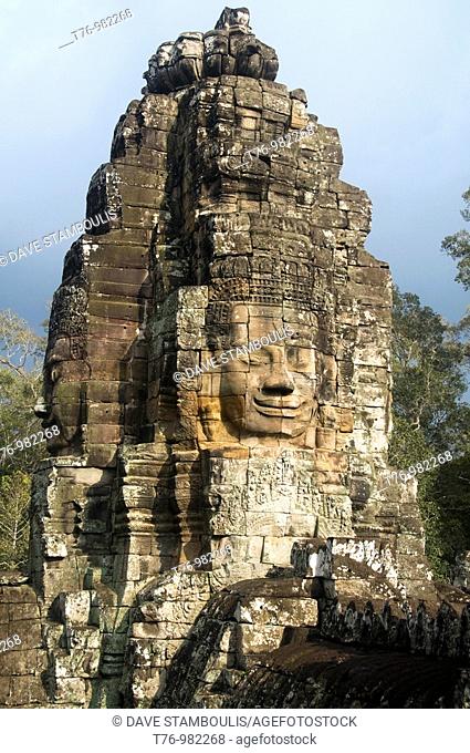 stone face in the Bayon Temple at Angkor Wat in Cambodia