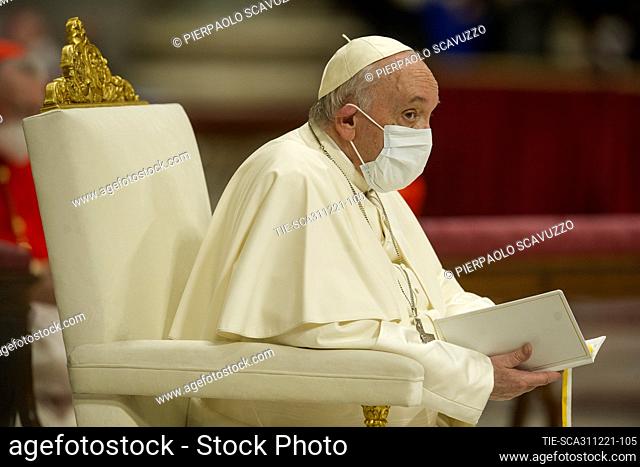 Pope Francis during the celebration Holy Mass on First Vespers and Te Deum at Vatican City, Rome, ITALY-31-12-2021  Journalistic use only