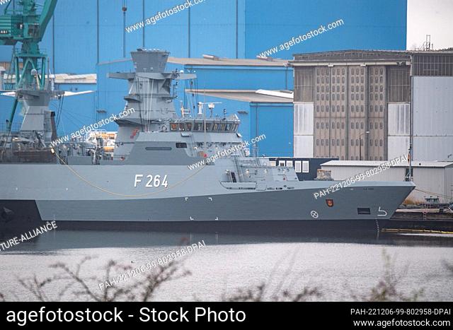 06 December 2022, Mecklenburg-Western Pomerania, Greifswald: The German Navy's K130 corvette Ludwigshafen am Rhein is docked at the Peene shipyard for...