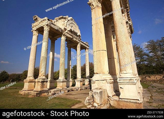View to the Tetrapylon at Aphrodisias Archaeological Site, Geyre, Aydin Province, Asia Minor, Turkey, Europe