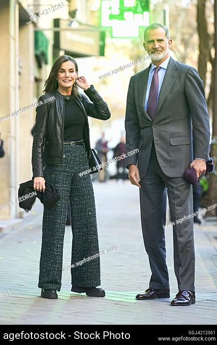 King Felipe VI of Spain, Queen Letizia of Spain leaves Pa-Bu restaurant after lunch for Princess Elena 60 Birthday on December 20, 2023 in Madrid, Spain