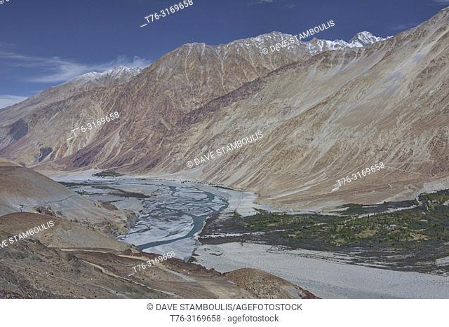 The beautiful Shyok River and Karakoram Range, Nubra Valley, Ladakh, India