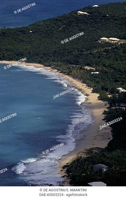 Aerial view of Baie Longue, Saint Martin Island, Guadeloupe, Overseas Department of the French Republic