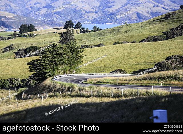 Winding road, Banks Peninsula, Canterbury region, South Island, New Zealand