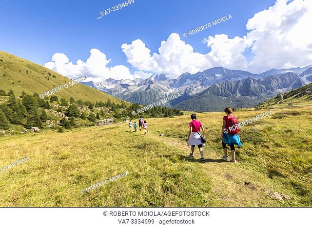 Hikers on path at Malga Valbione towards Passo Del Tonale, Valcamonica, province of Brescia, Lombardy, Italy