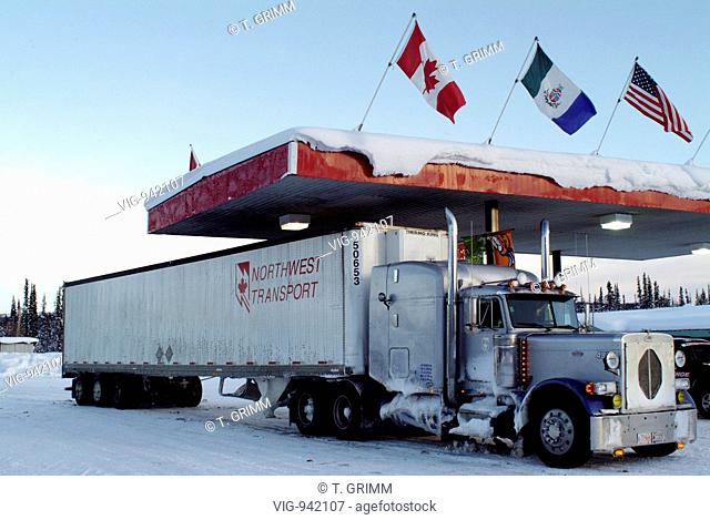 CANADA, 09.02.2004, Truck at gas station on Dempster Highway junction Klondike Highway in the Yukon Territory. - YUKON TERRITORY, CANADA, 09/02/2004