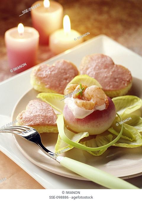 Small turnips stuffed with shrimps and tarama on toast