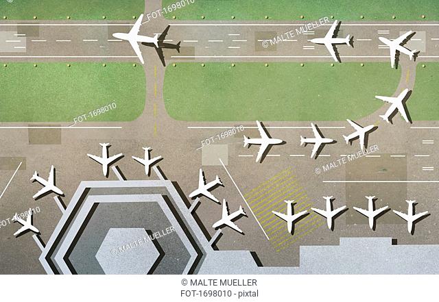 Illustration of airplanes on runway at airport