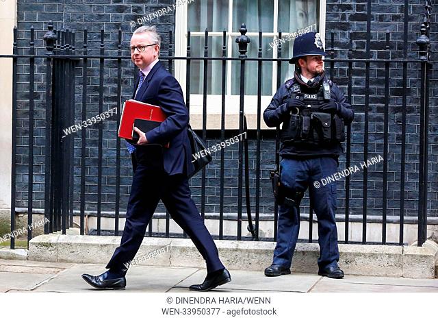 Ministers depart from No 10 Downing Street after attending the weekly Cabinet Meeting. Featuring: Michael Gove Where: London