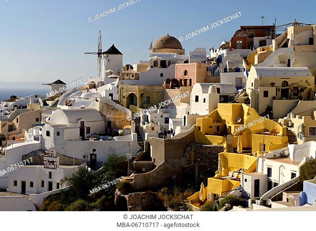 View at the terraces and windmills of Oia, island Santorin, the Aegean Sea, the Cyclades, Aegean islands, Greece