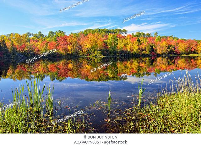 Autumn foliage reflected in the Vermilion River, Greater Sudbury, Ontario, Canada