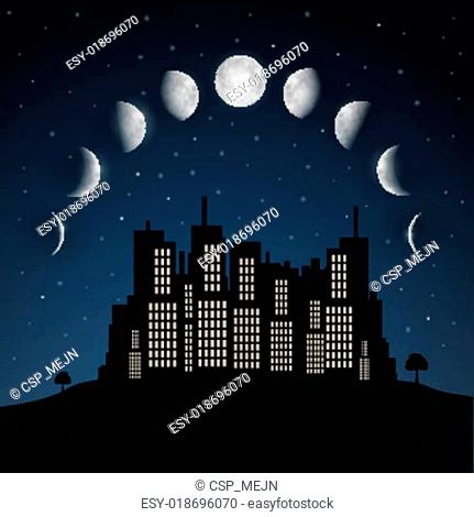 Moon Phases above Night City Vector