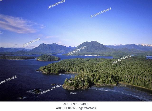 Aerial view, including Clayoquot Sound, Middle Beach Lodge, Tofino, Vancouver Island, British Columbia, Canada