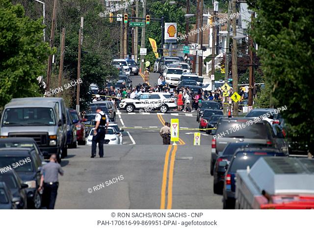 Scene from the bridge on Route 1 looking down the street with the police blockade during come scene activity after a gumnan opened fire on members of Congress...