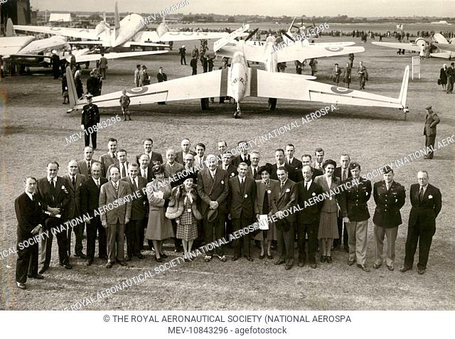 Delegates from the 1947 Anglo-American Conference visit the SBAC Show at Radlett. The group includes: Capt J.L. Pritchard, Sir Roy Fedden, Sydney Camm