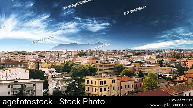 Terracina, Italy. Skyline View Of Terracina With Circeo Promontory And Tyrrhenian Sea In Background. Panorama. Panoramic View