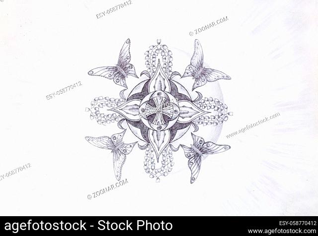 Butterfly and ornamental mandala with flower. Original hand draw