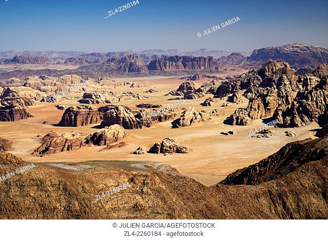 View from the summit of Jebel Umm Adaami (1832m), the highest mountain of Jordan. Jordan, Wadi Rum desert, border with Saudi Arabia