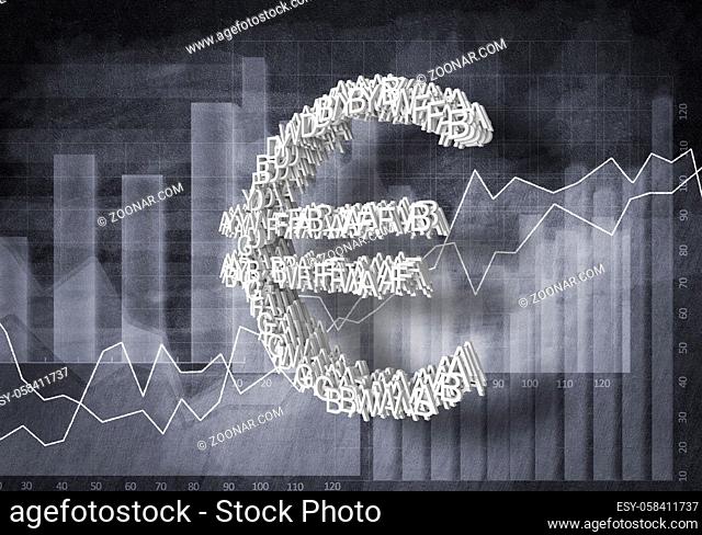 Big euro currency symbol on graphs and diagrams background, 3D rendering