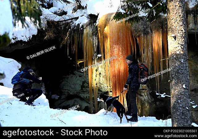 People observe the unique colorful Pulcin icefalls in the Pulcin-Hradisko National Nature Reservation, Zlin Region, Czech Republic, on February 10, 2023