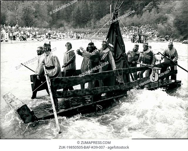 May 05, 1985 - Raft-racing on Swiss rivers: This picture was taken at the 11th raft-racing on May 12th in Bischofszell/Switzerland