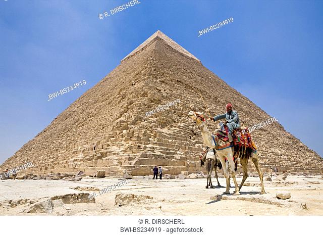 Pyramid of Khafra with tourists and cameleer, Egypt, Kairo
