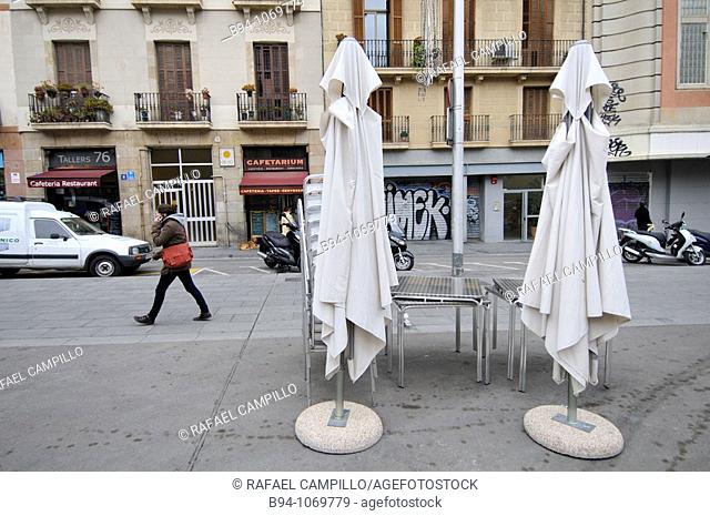 Umbrellas in Plaça Castella square, El Raval neighbourhood, Ciutat vella district, Barcelona. Catalonia, Spain