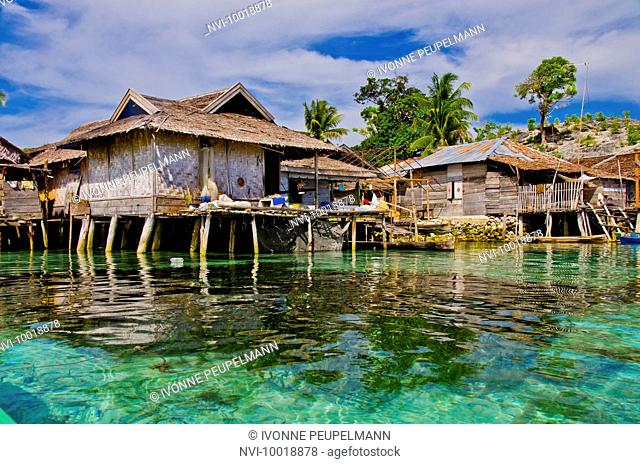 Village with stilt houses of the Bajau sea nomads, Island of Malenge, Tomini Bay, Togian Islands, Sulawesi, Indonesia