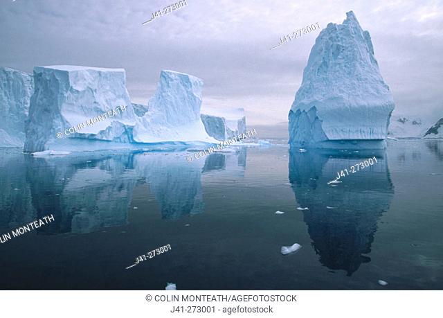 Iceberg in reflection. Andvoord Bay. Antarctic Peninsula.  Antartica