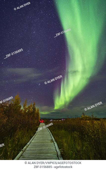 A aurora group is taking their aurora selfie shots on the boardwalk at Rotary Park in Yellowknife, NWT, under a grand sweep of an auroral arc