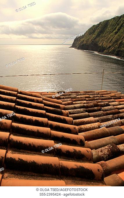 View over the Atlantic Ocean from little village in porto de pescas. Nordeste, Sao Miguel island, Azores, Portugal