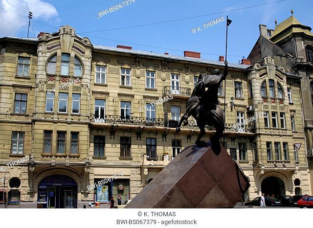 Lviv, statue, art noveau facade, Ukraine, Western Ukraine, Lviv