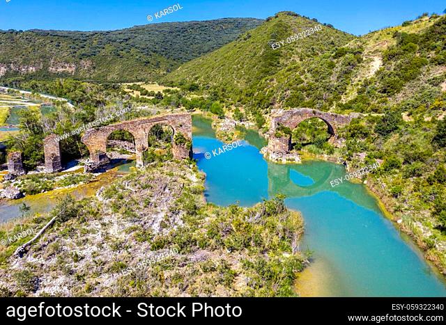 Medieval Roncal bridge of Yesa, which crosses the Aragon river Spain