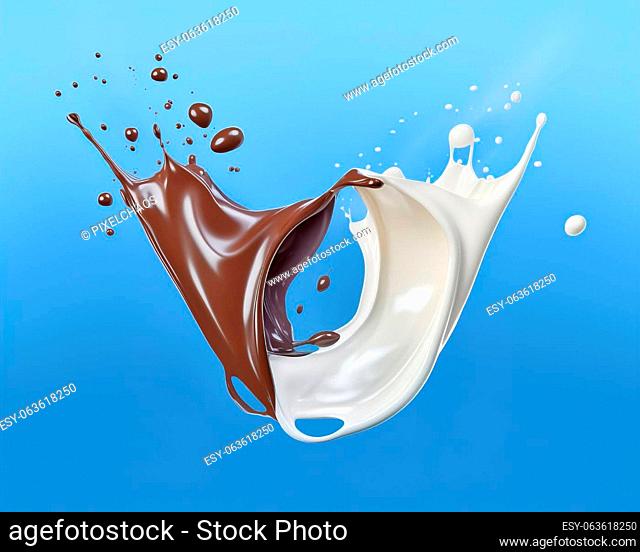 Milk and chocolate splashing in the air. On light blue background. A.I. generated image