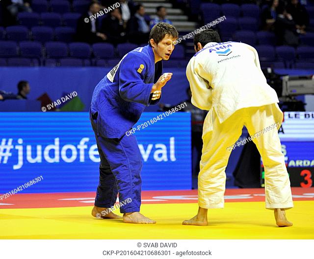 Czech judoka Pavel Petrikov, right, lost the match against Armenian judoka Hovhannes Davtyjan in the under 60 kg category