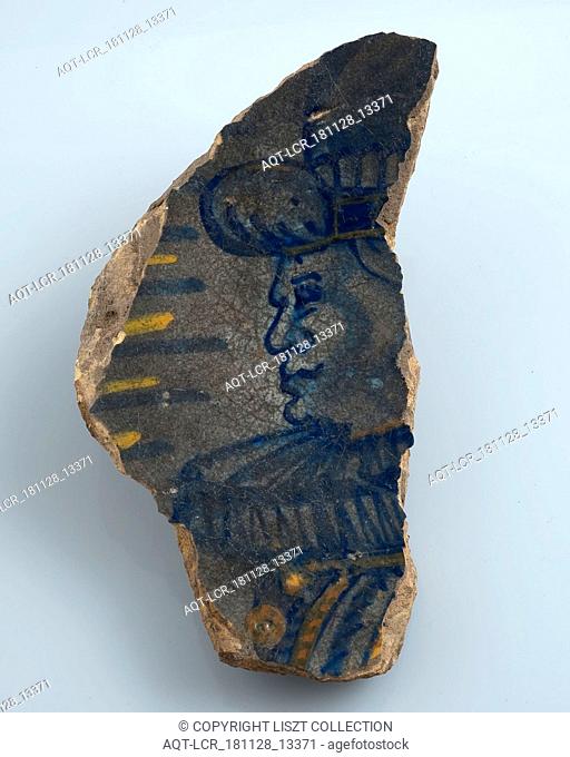 Soul fragment of polychrome majolica dish with an image of man with millstone collar, plate crockery holder soil find ceramic pottery glaze tin glaze lead glaze