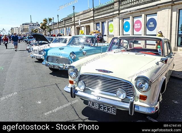 Lined up classic cars, white Humber and blue Consul, Brighton Beach, Brighton, East Sussex, England, United Kingdom, Europe