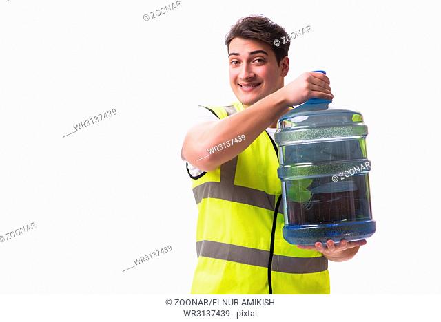 Man delivering water bottle isolated on white