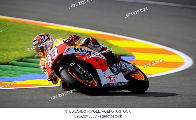 Marc Marquez from Spain and Honda Repsol team takes a curve during Ricardo Tormo's circuit in Valencia during Grand Prix fron La Comunitat valenciana