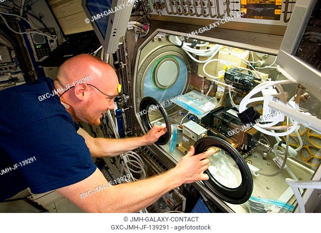 European Space Agency astronaut Alexander Gerst, Expedition 40 flight engineer, works with samples and hardware for a combustion experiment known as the Burning...
