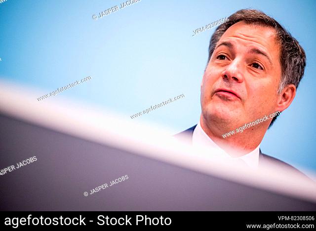 Prime Minister Alexander De Croo pictured during a Press moment from the OECD, presenting the new OECD report on Belgium's Covid policy during the corona virus...