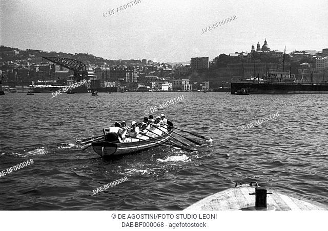 Female crew on a rowing boat, celebration in honor of Simone Boccanegra first Doge of Genoa, June 26, 1936, Genoa, Italy, 20th century